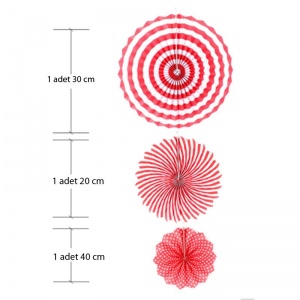 Farklı Desen ve Ölçülerde 3 Adet Kırmızı Renk Yelpaze Süs