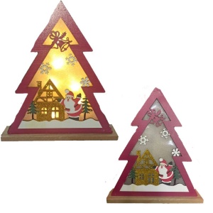 1 Adet Yılbaşı Gün Işığı Led Işıklı Ahşap Çam Ağacı Şeklinde Noel Baba Figürlü Dekor Süs 25 x 18 cm